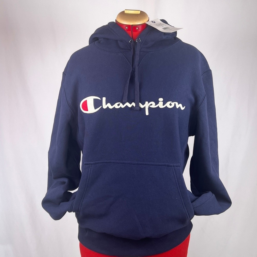 Champion Mens Iconic Pullover Hoodie Navy Blue Script Logo Size M